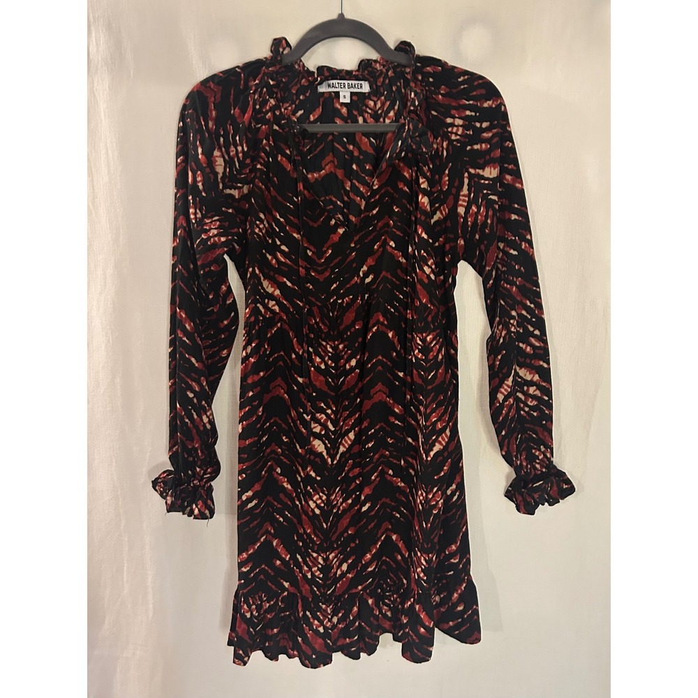 Walter Baker Red Black Tiger Print Cotton Ruffle Mini Dress Long Sleeve Small